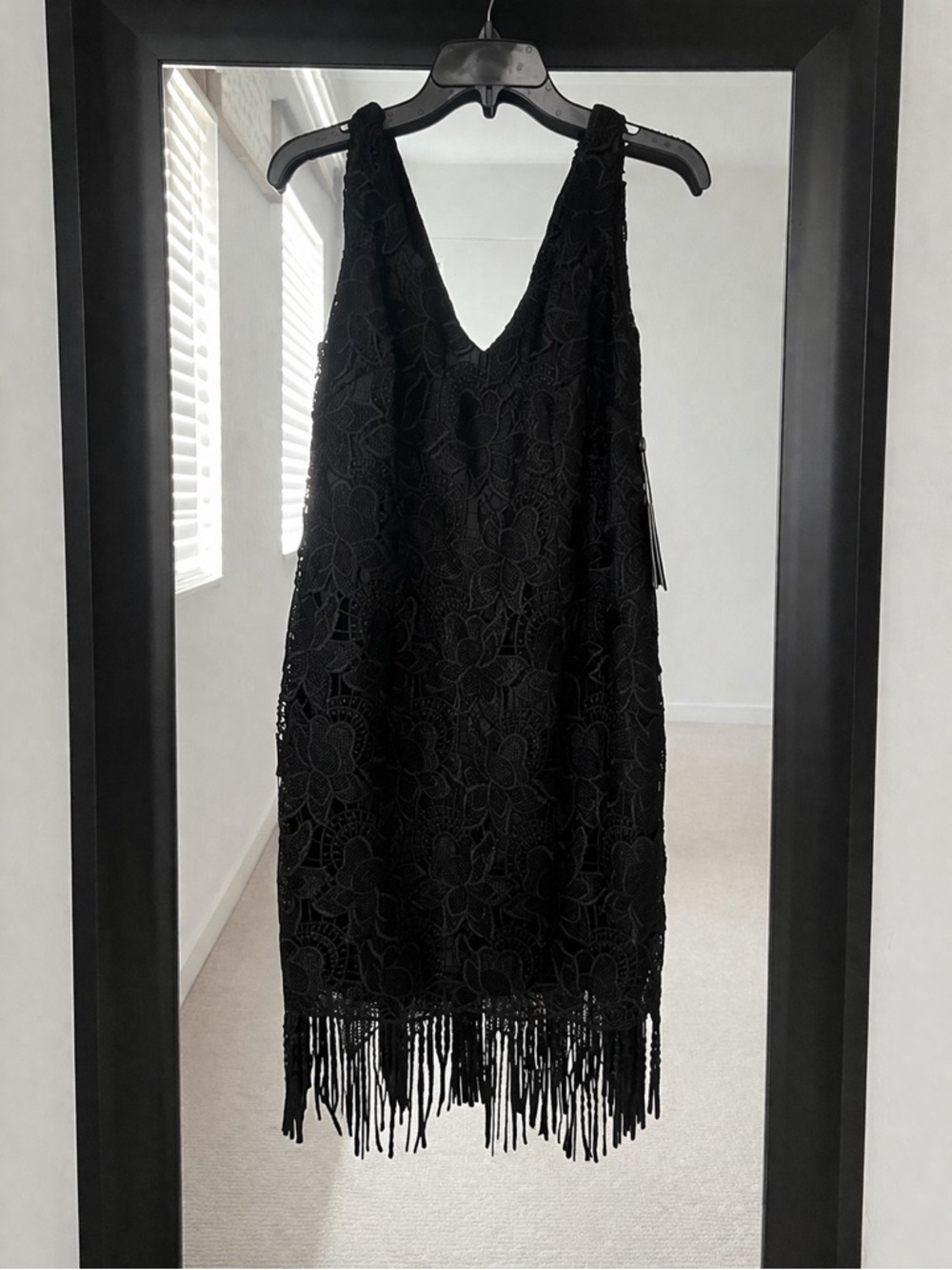 Adrianna Papell Black Floral Lace Fringe V-Neck Mini Dress